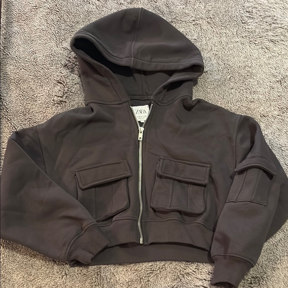 Zara Kids Dark Gray Cropped Hoodie with Utility Pockets